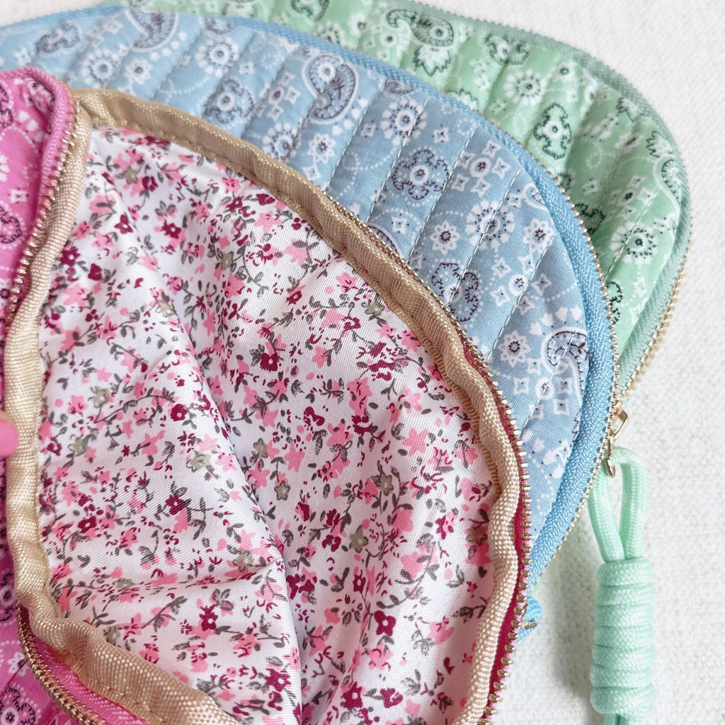 Quilted Paisley Cosmetic Case – Soft Curve Makeup Pouch in Pink, Blue, or Green Bandana Print