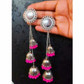 Kashmiri style triple hanging jhumka earrings in pink with pearl accents