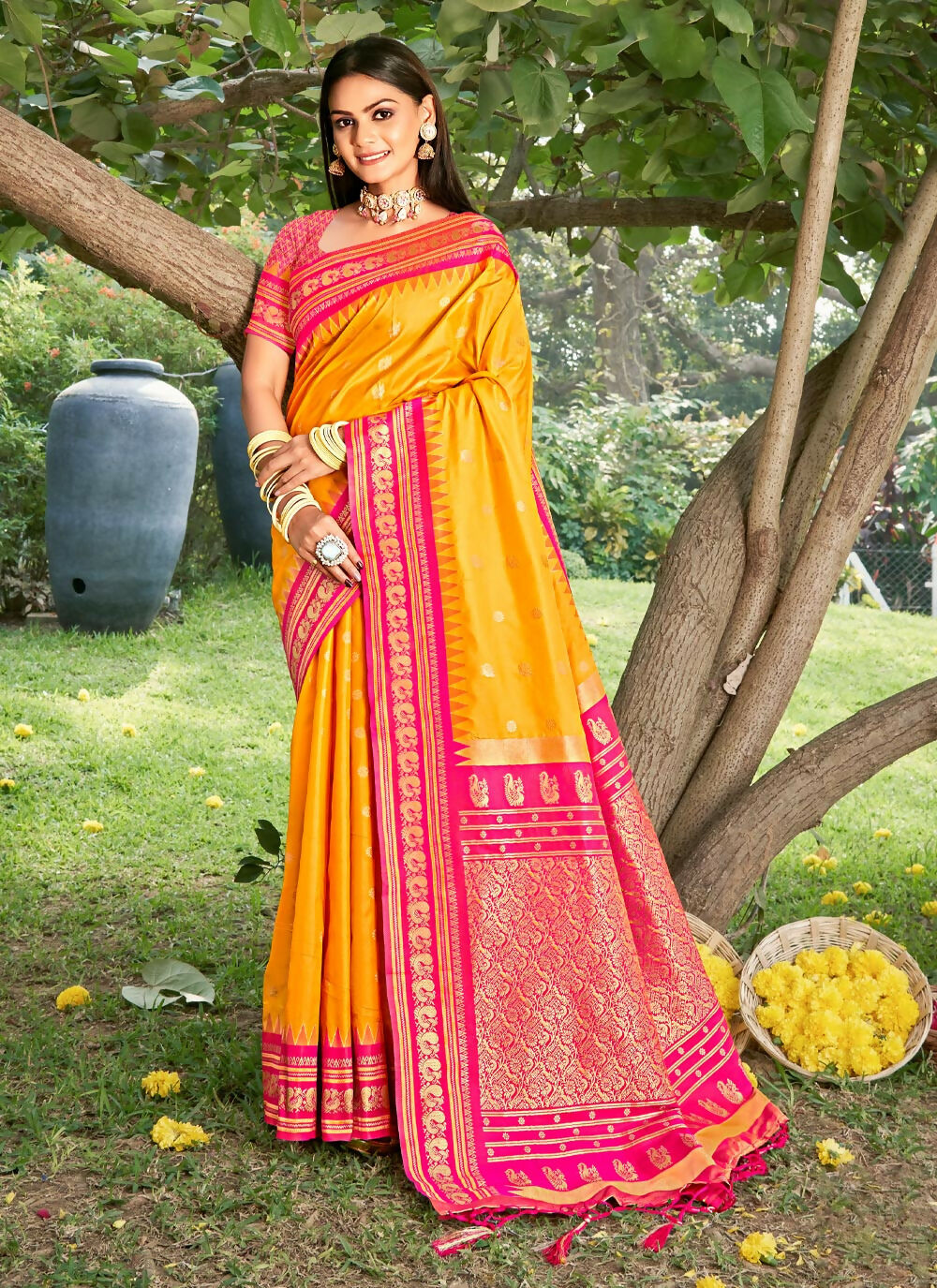 Vibrant Yellow Soft Silk Saree for festive wear