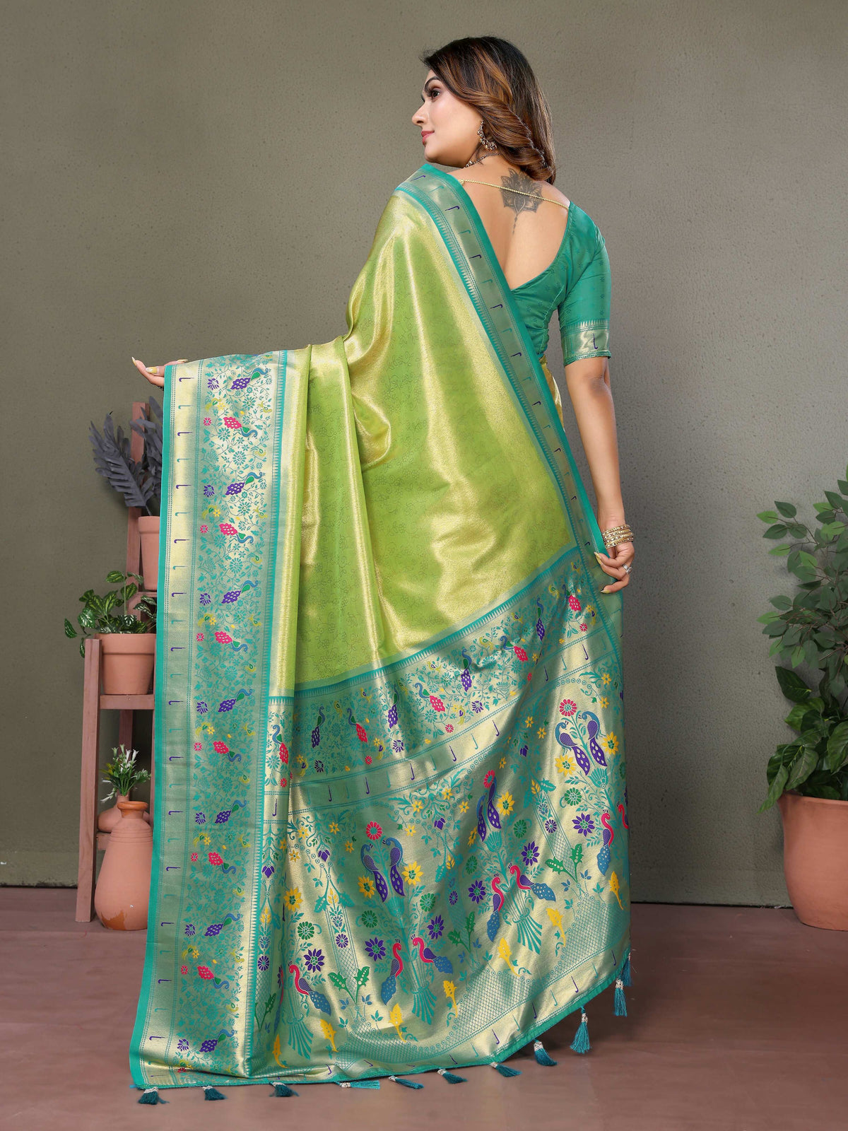 Pista Tissue Silk Paithani Woven Saree with Traditional Border