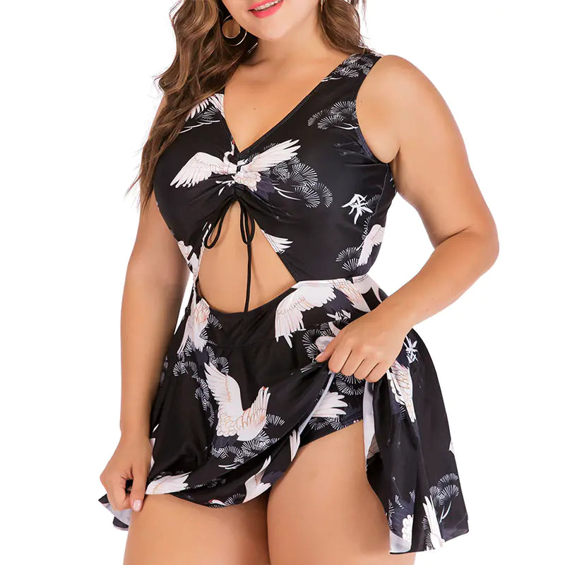 Women's Leaf Print Cutout One-Piece Swimsuit with Skirt Overlay - Image 17