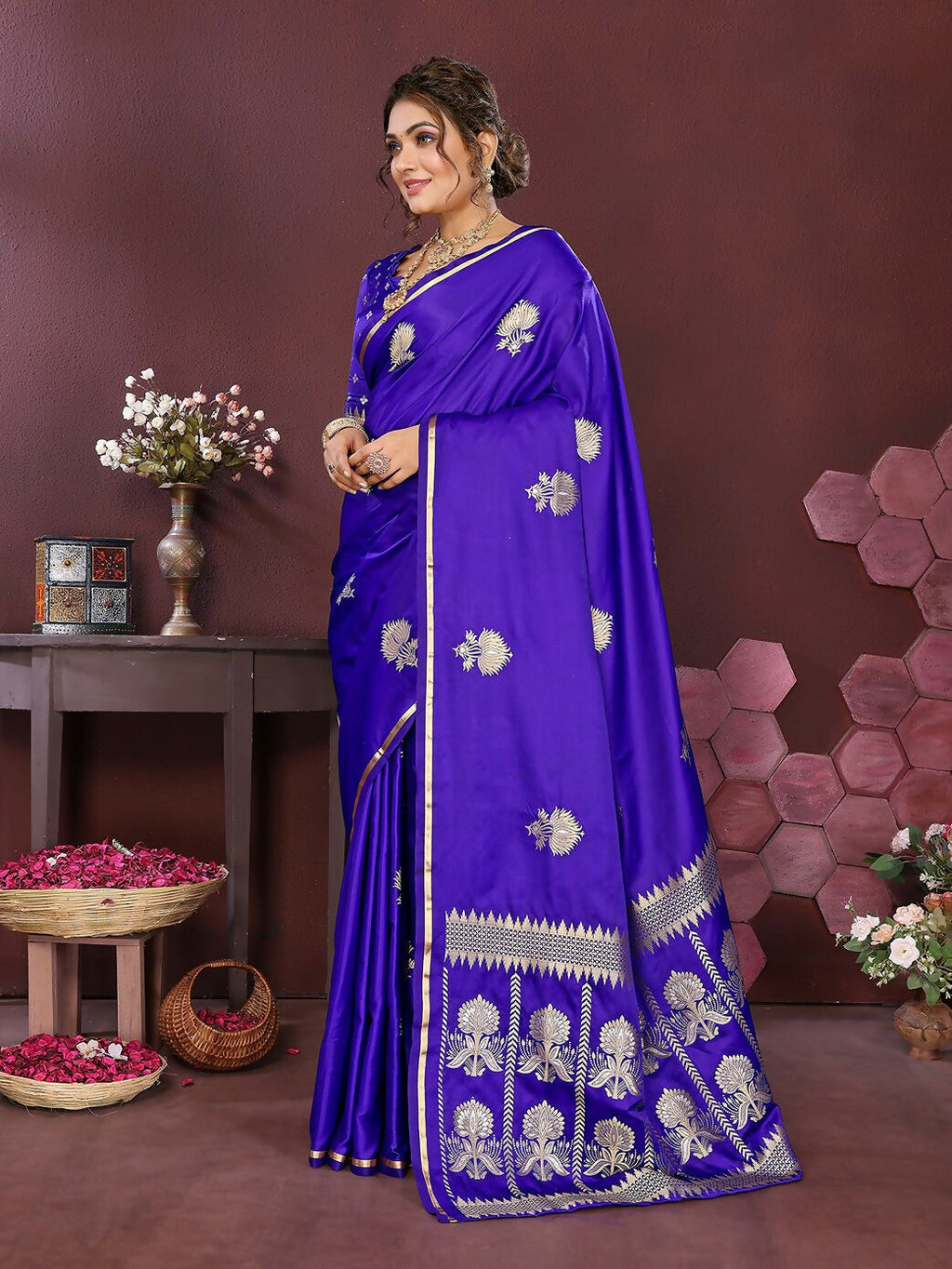 Royal Blue Floral Motif Banarasi Satin Silk Saree for Women