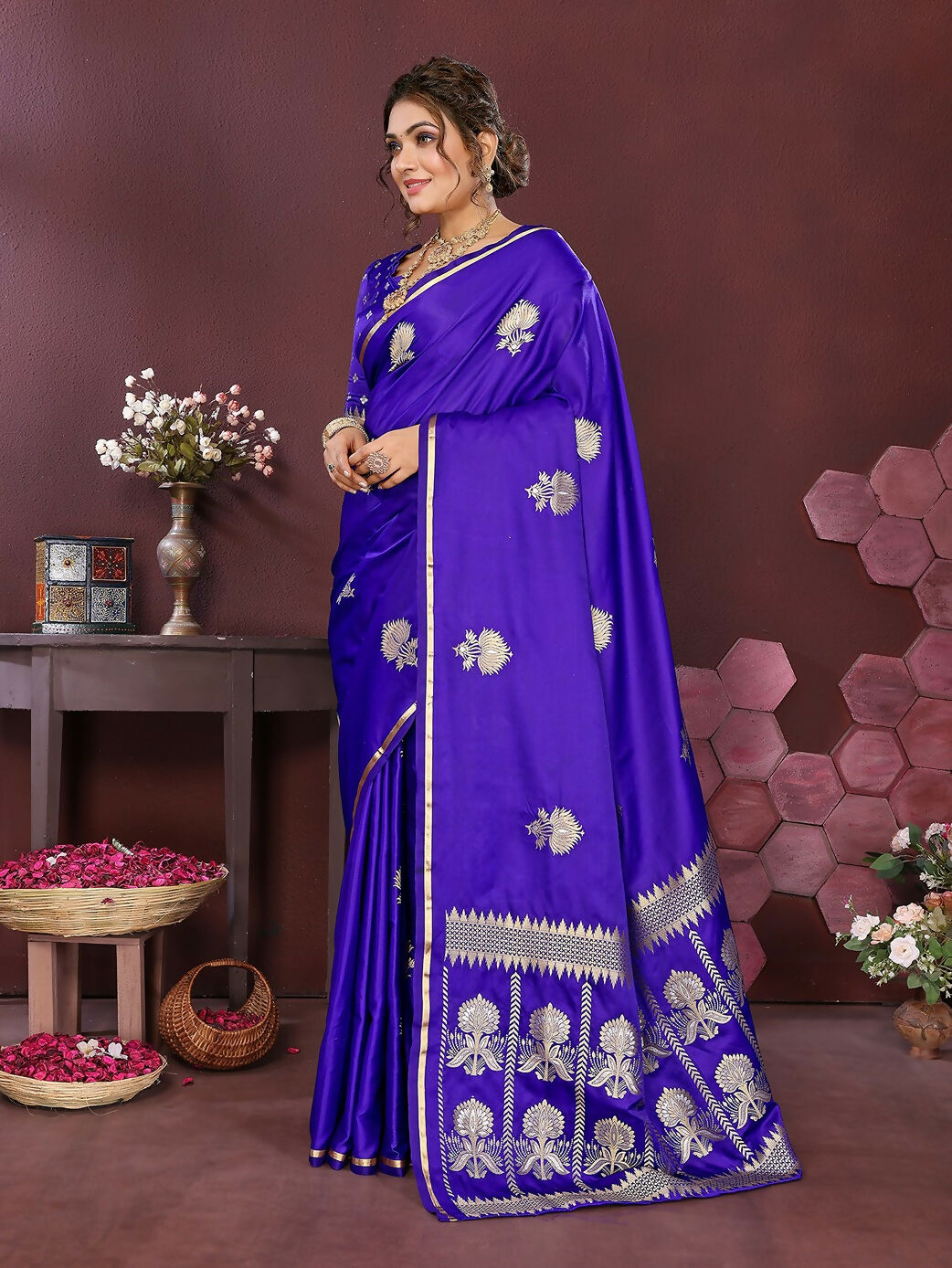 Royal Blue Floral Motif Banarasi Satin Silk Saree for Women