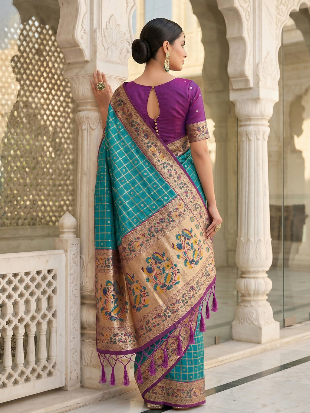 Turquoise Banarasi Silk Blend Saree with Matching Blouse Piece