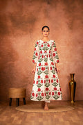 Red rose floral hand block printed cotton kurta set with matching pants.