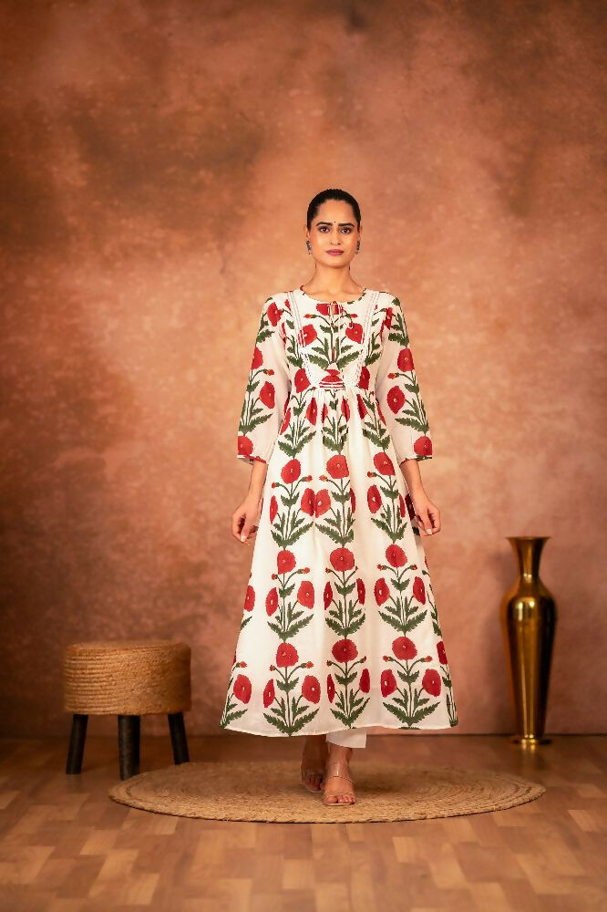 Red rose floral hand block printed cotton kurta set with matching pants.