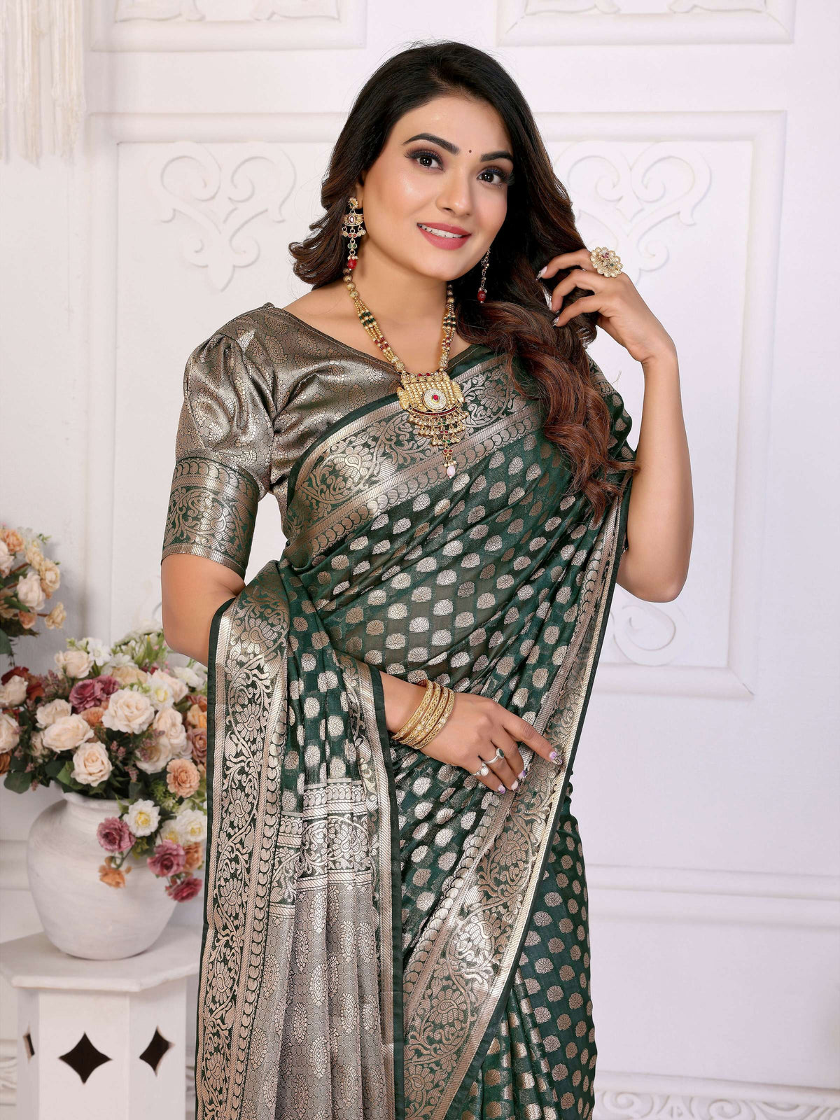 Dark Green Organza Silk Saree with Classic Weaving