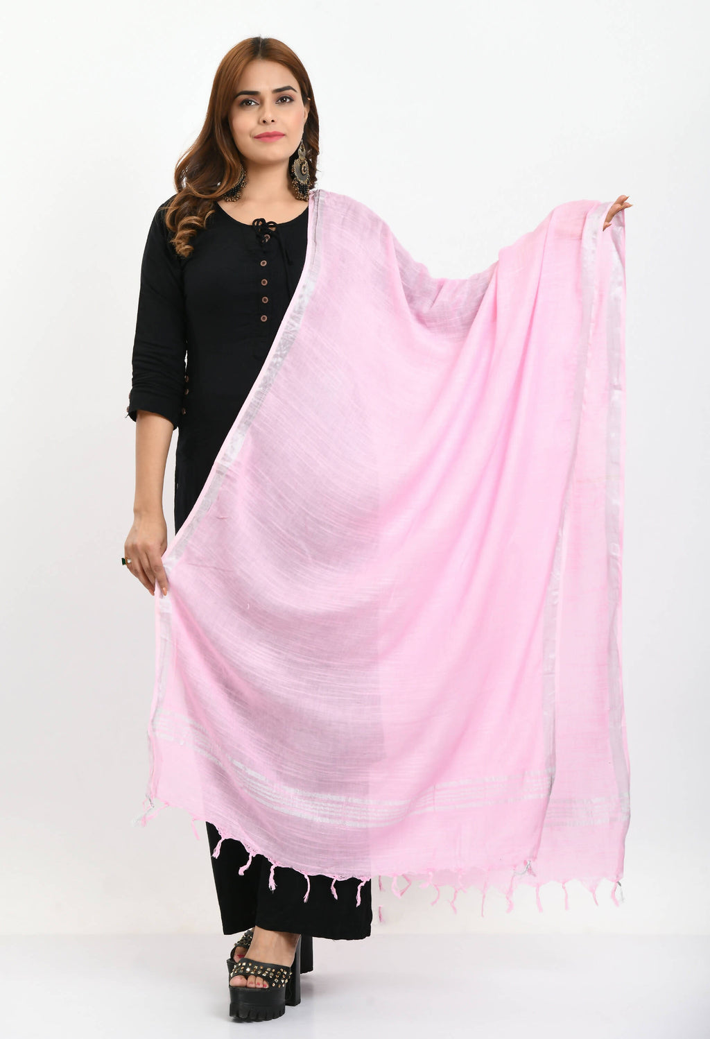Baby Pink Linen Cotton Dupatta with Elegant Silver Border