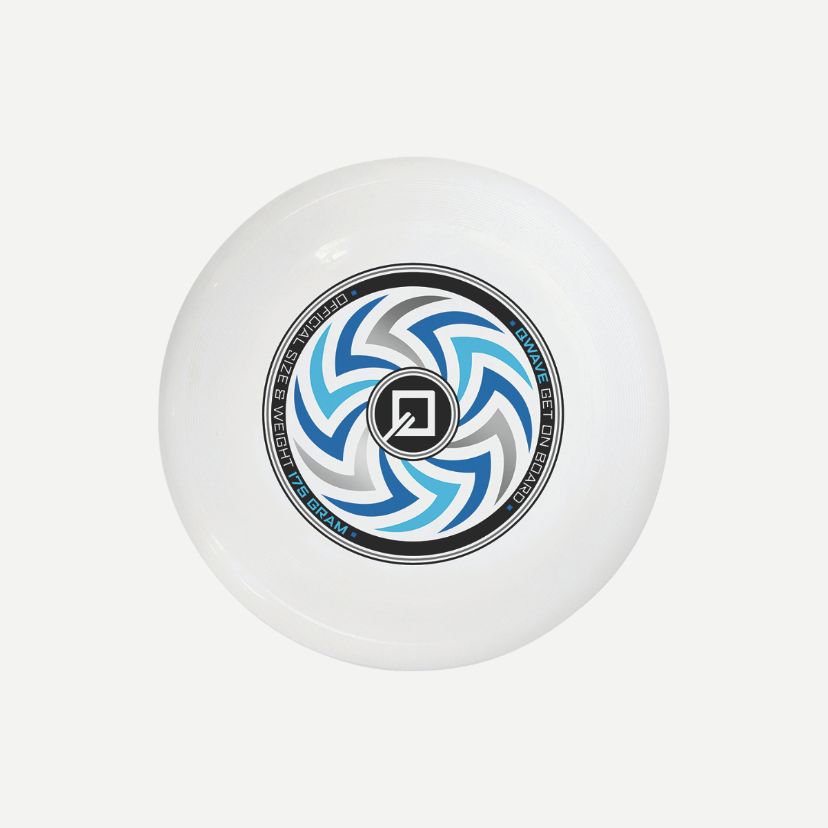 White 175g professional flying disc with blue and grey graphic design