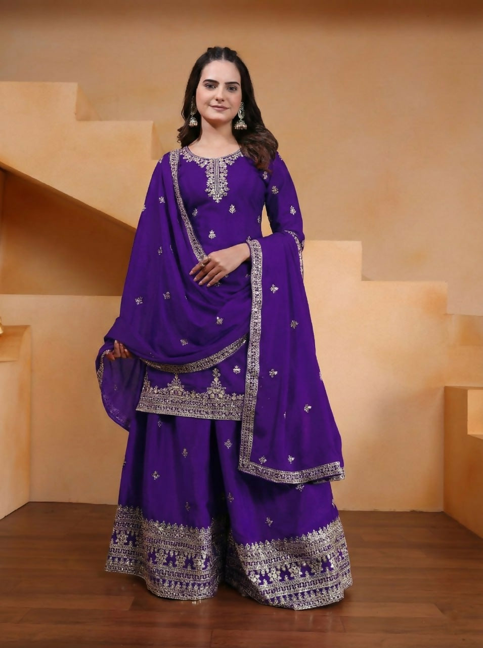 Purple Silk Embroidered Sharara Set with Kurti and Flared Pants