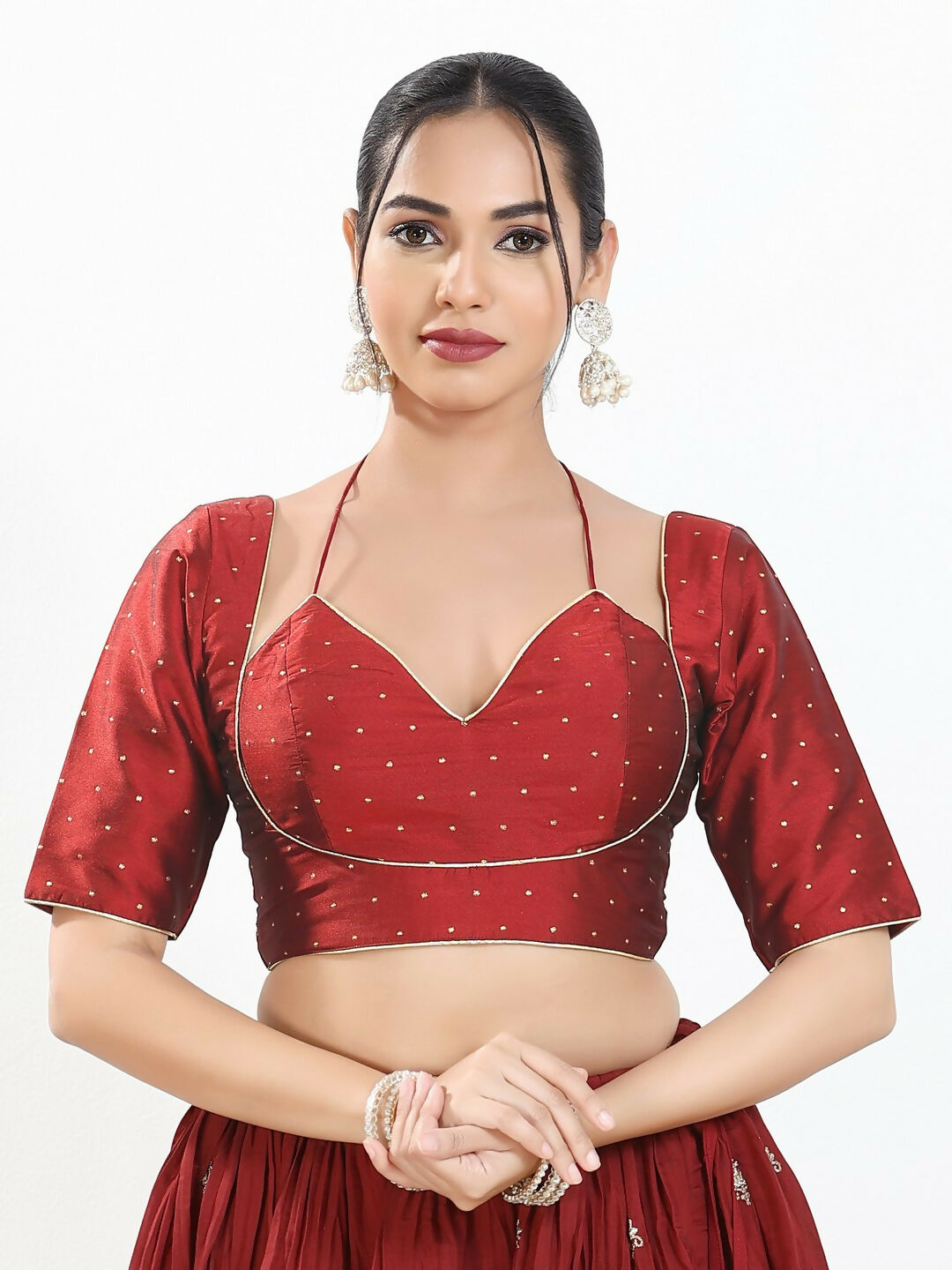 Joban Fashion Maroon Brocade Padded Blouse With Sweetheart Neck Elbow Sleeves