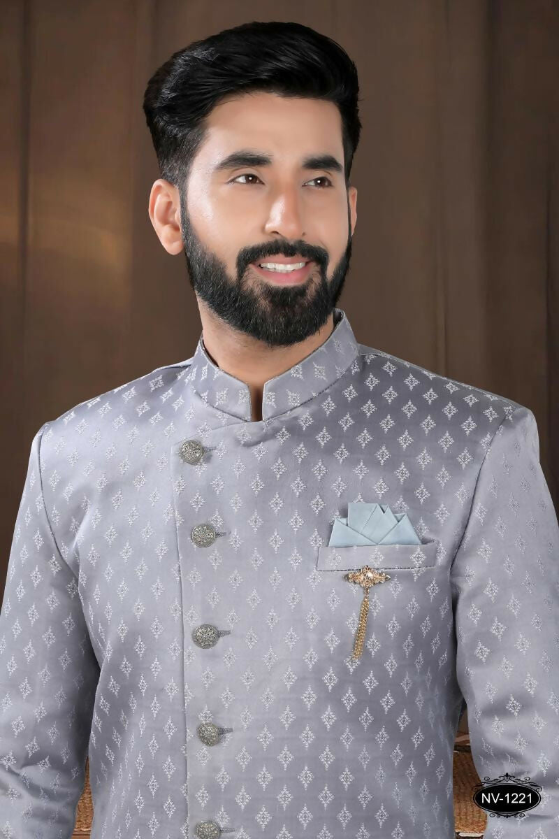 Boys Grey Woven Jacquard Kurta with White Pyjama Set