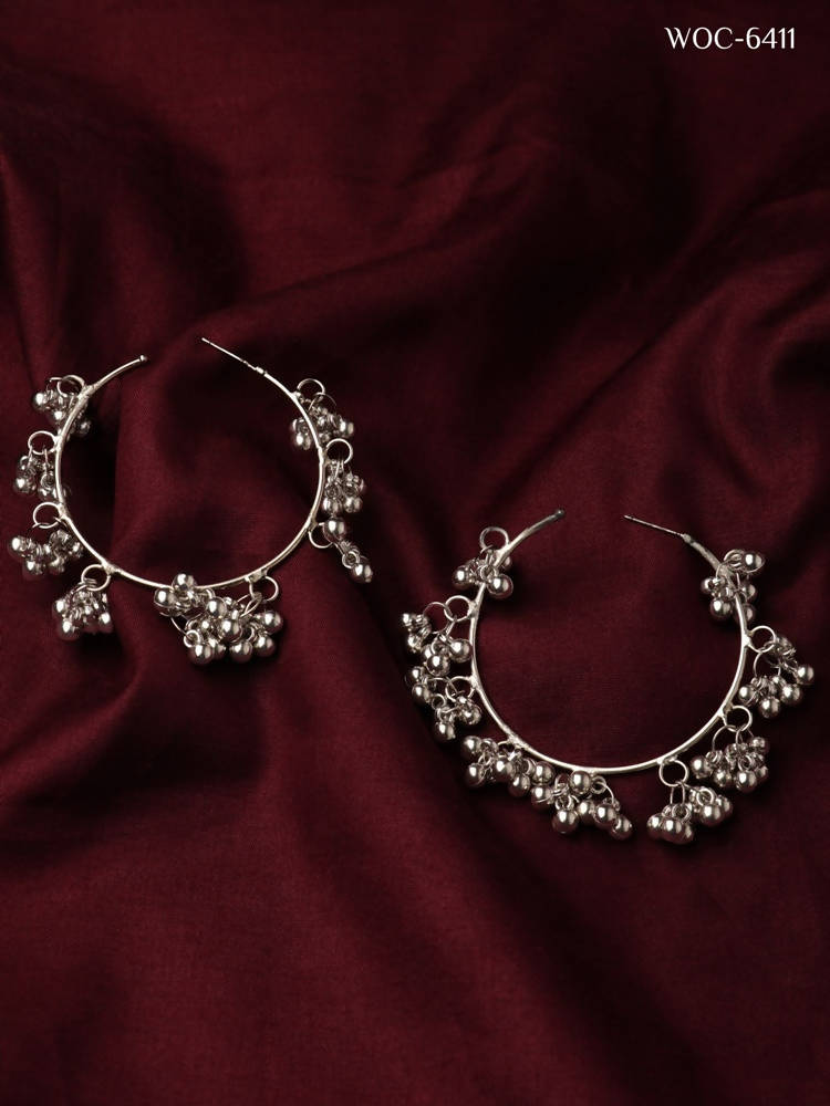 Oxidised Silver Parrot Hoops and Ghungroo Bali Combo Earrings