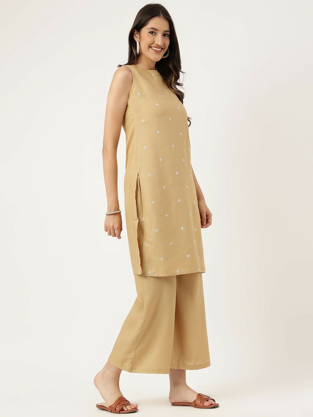 Beige Rayon Straight Kurta and Bottom Set with Embroidered Work