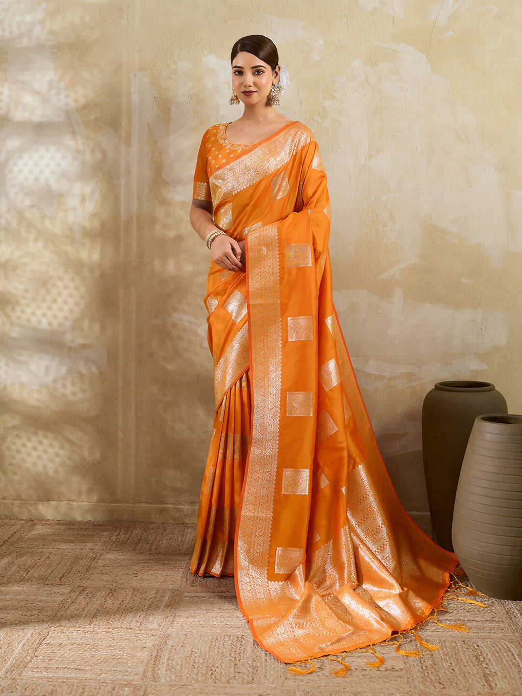 Orange silk blend saree with matching blouse fabric for festive occasions