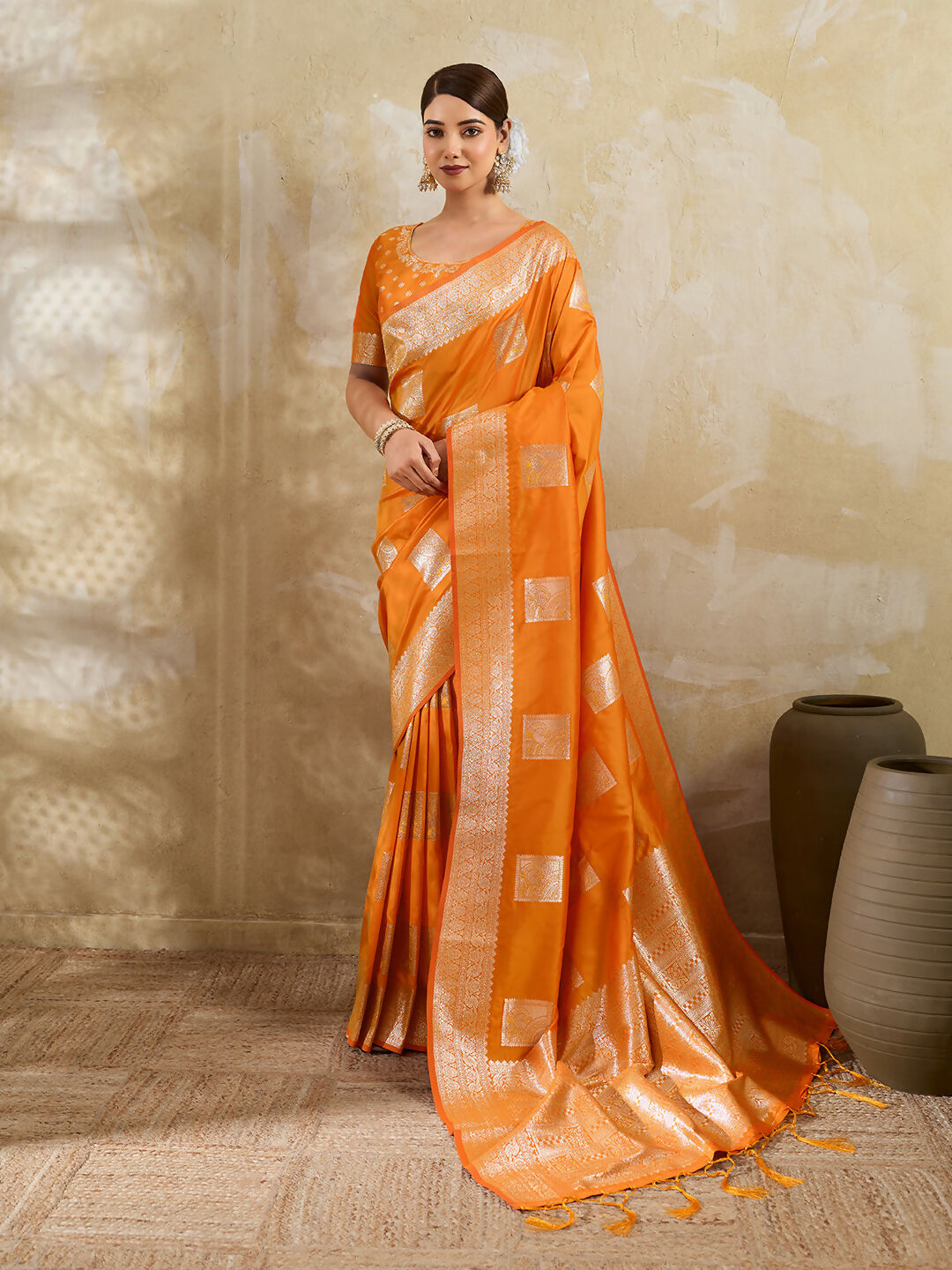 Orange silk blend saree with matching blouse fabric for festive occasions