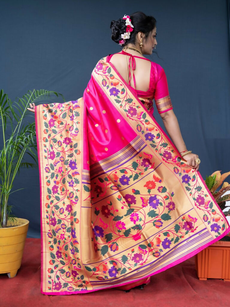 Women's Pink Paithani Silk Saree with Zari Woven Border & Blouse