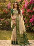Chiku and Green colored cotton saree with matching blouse piece