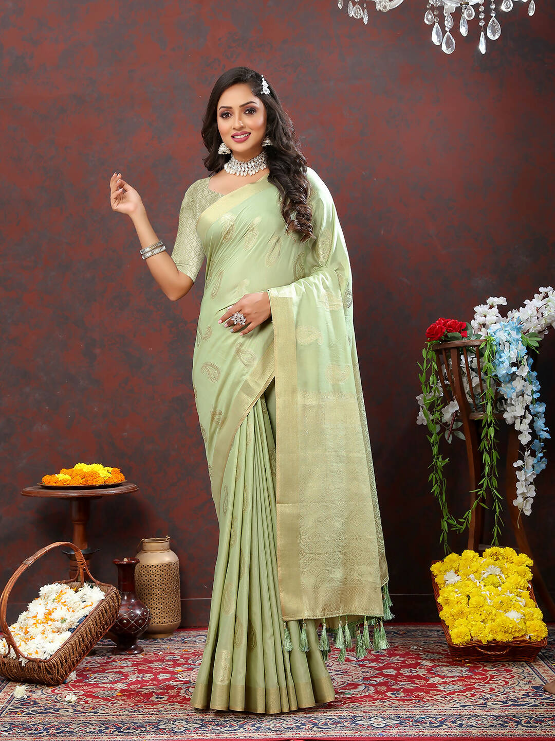 Seagreen Cotton Saree with Geometric Zari Weaving Design