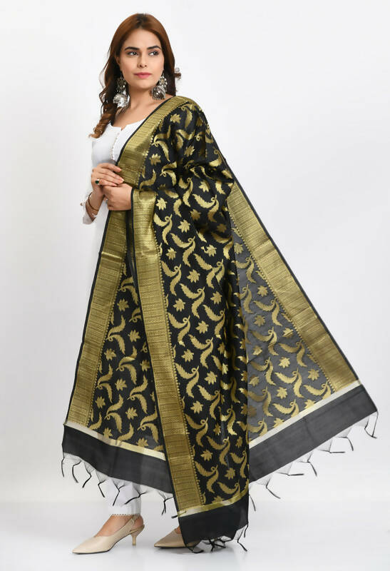 Black Banarasi Silk Floral Woven Design Festive Dupatta