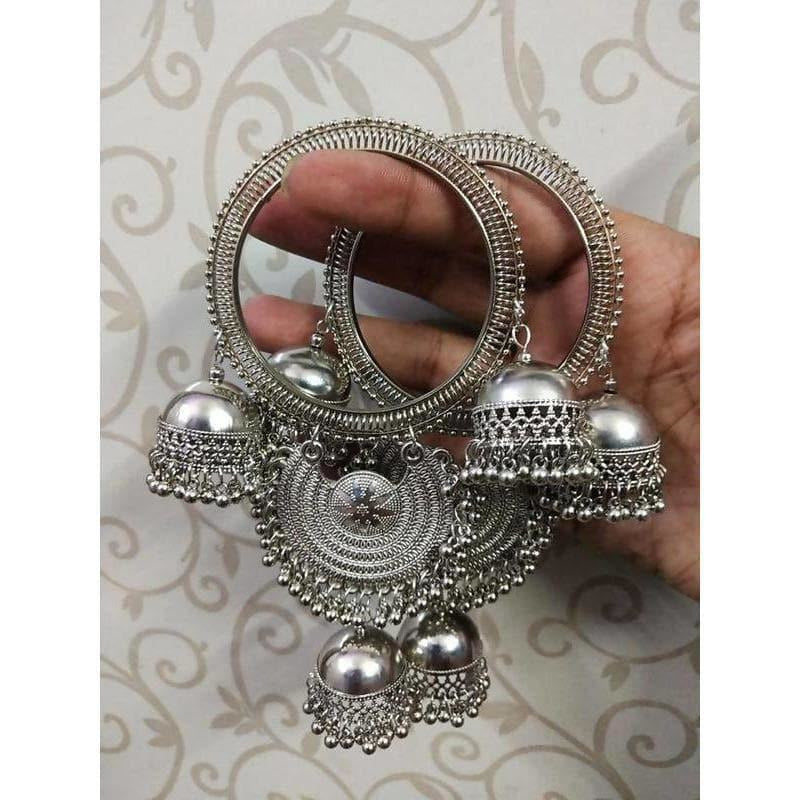 Heavyweight silver-tone bridal bangles featuring large dangling jhumka latkans