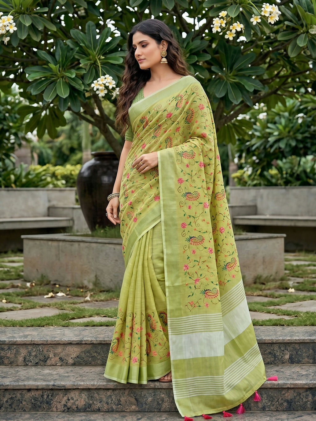 Yellow green linen saree with matching blouse piece