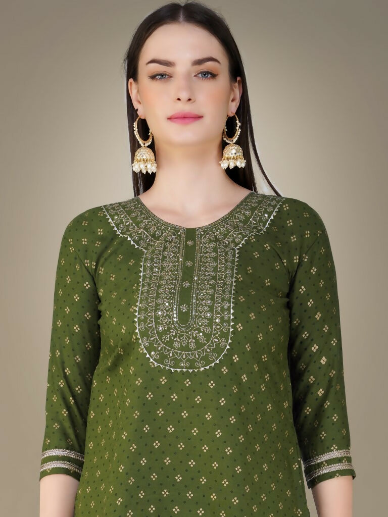 Mehendi Green Geometric Cotton Magic Slub Kurta Set with Gold