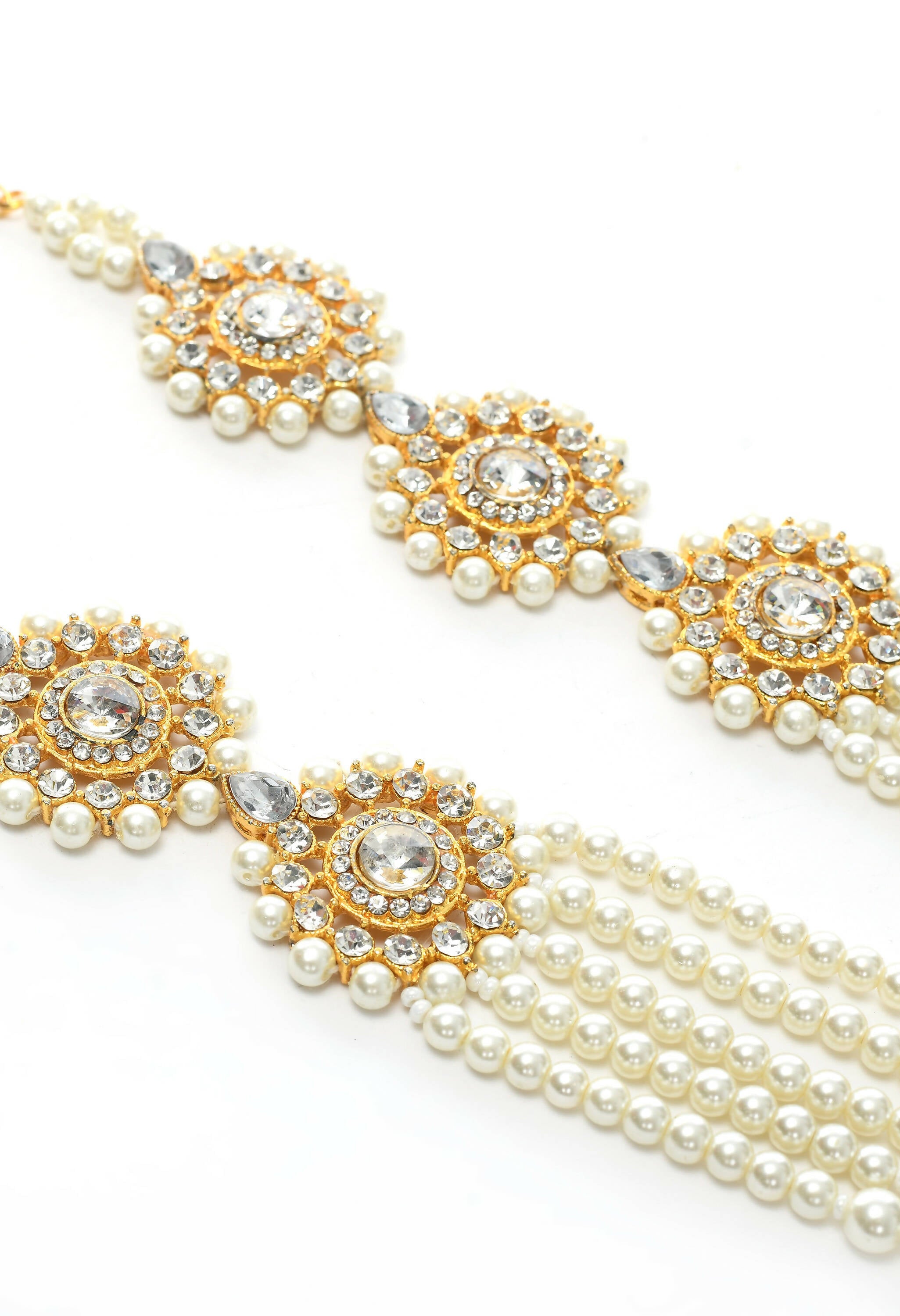 Gold-Polished Rani Haar Necklace Set with Off White Pearls & Kundan