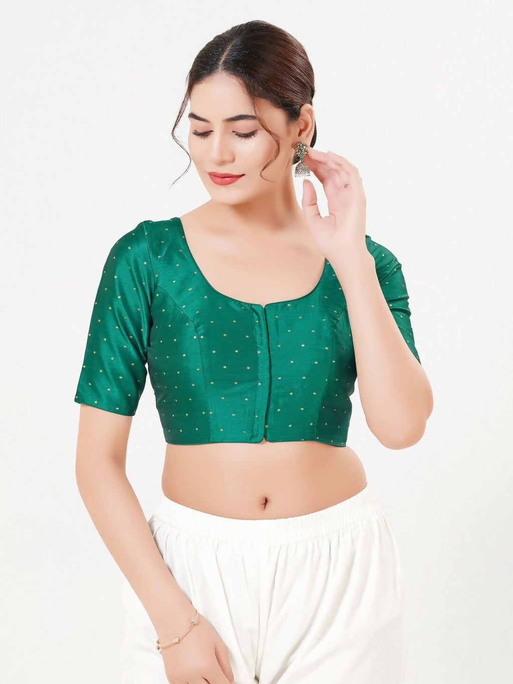 D.Rama-Green Taffeta Silk sleeveless round neck blouse front open