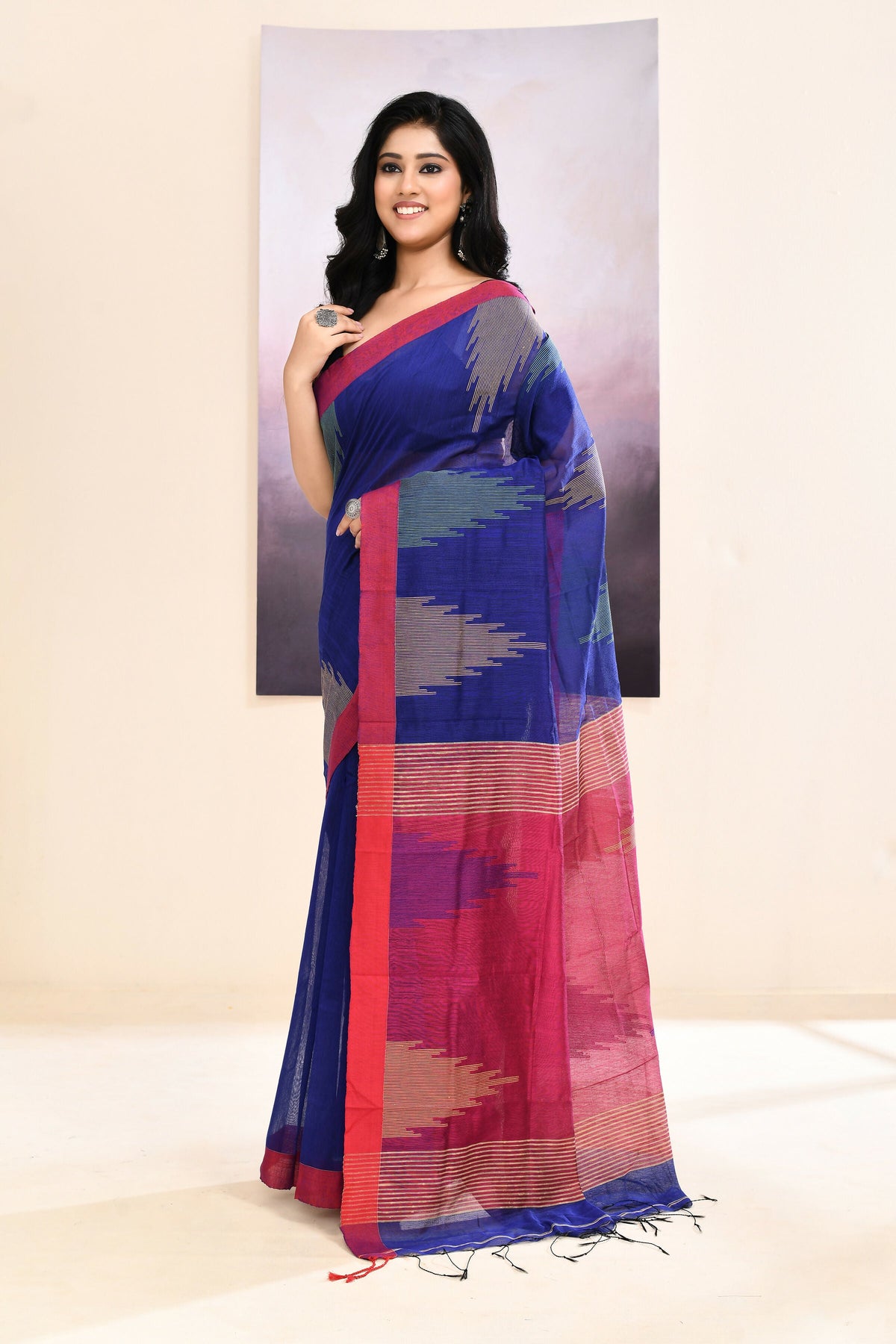 Blue Jamdani Saree with Traditional Temple Border Embellishment