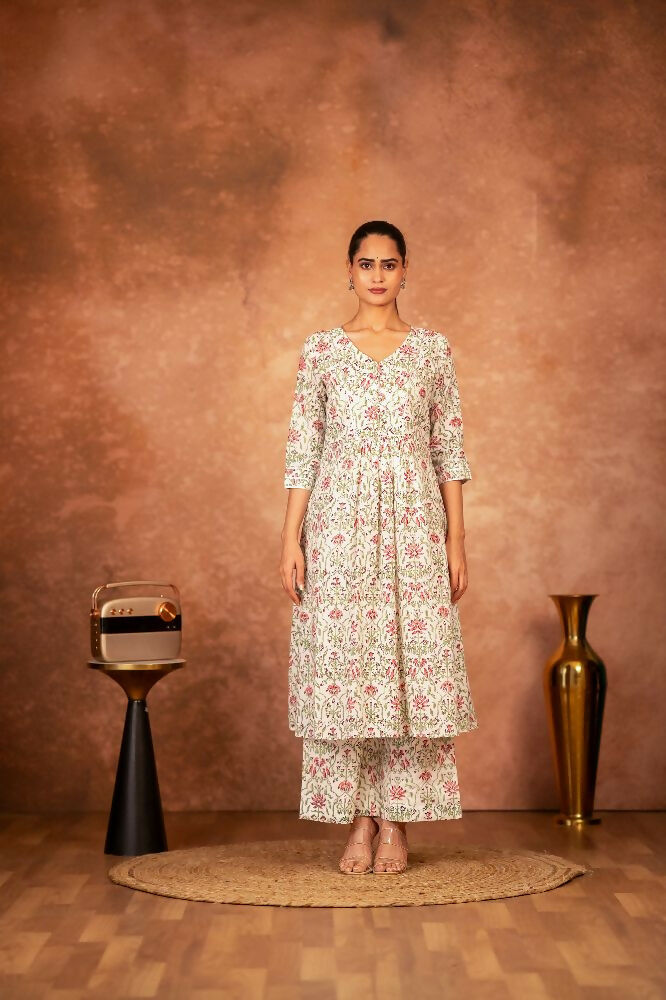 Green & Pink Hand Block Printed Cotton Suit Set for Women
