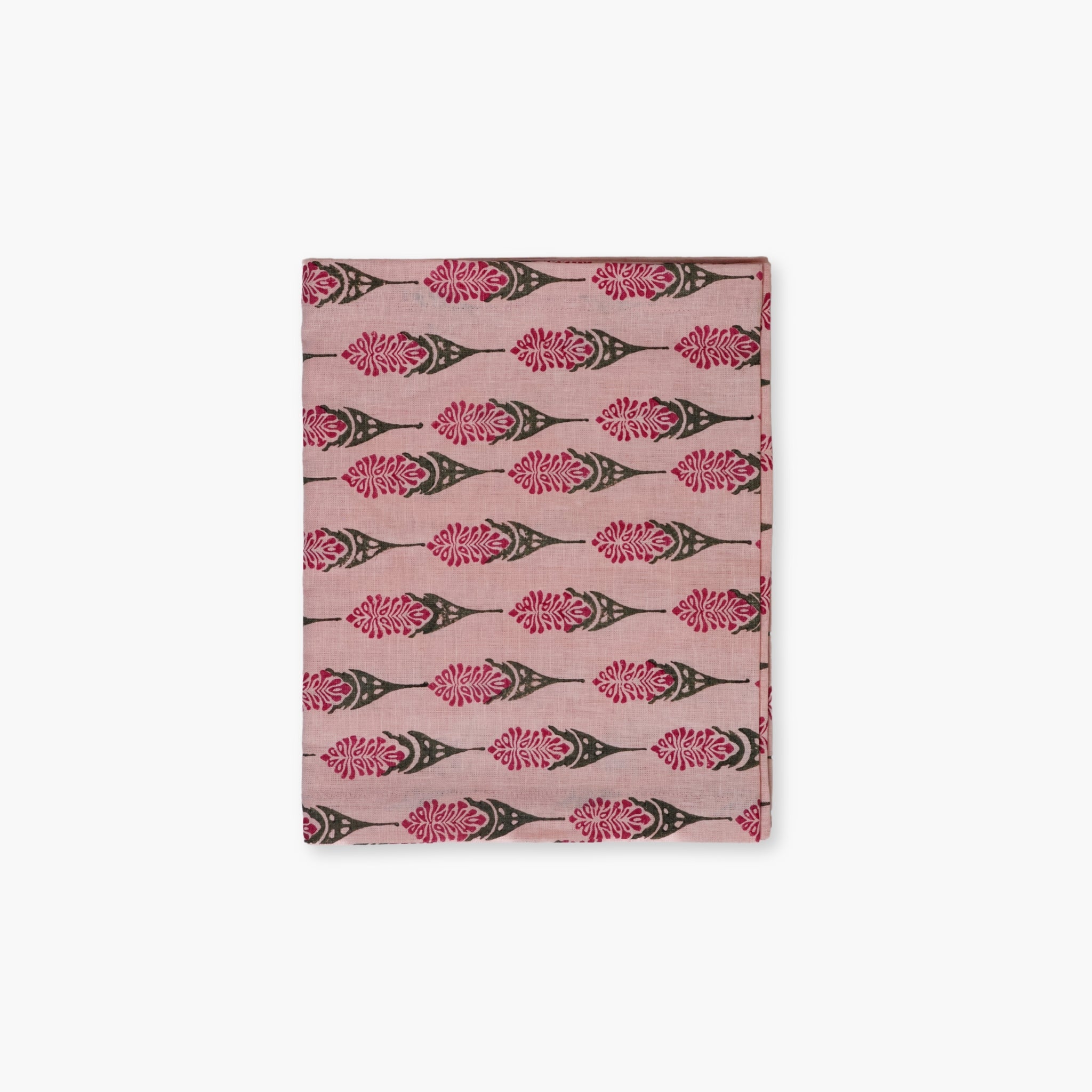 Bahaar pure linen table runner featuring hand-printed pink floral larkspur motifs