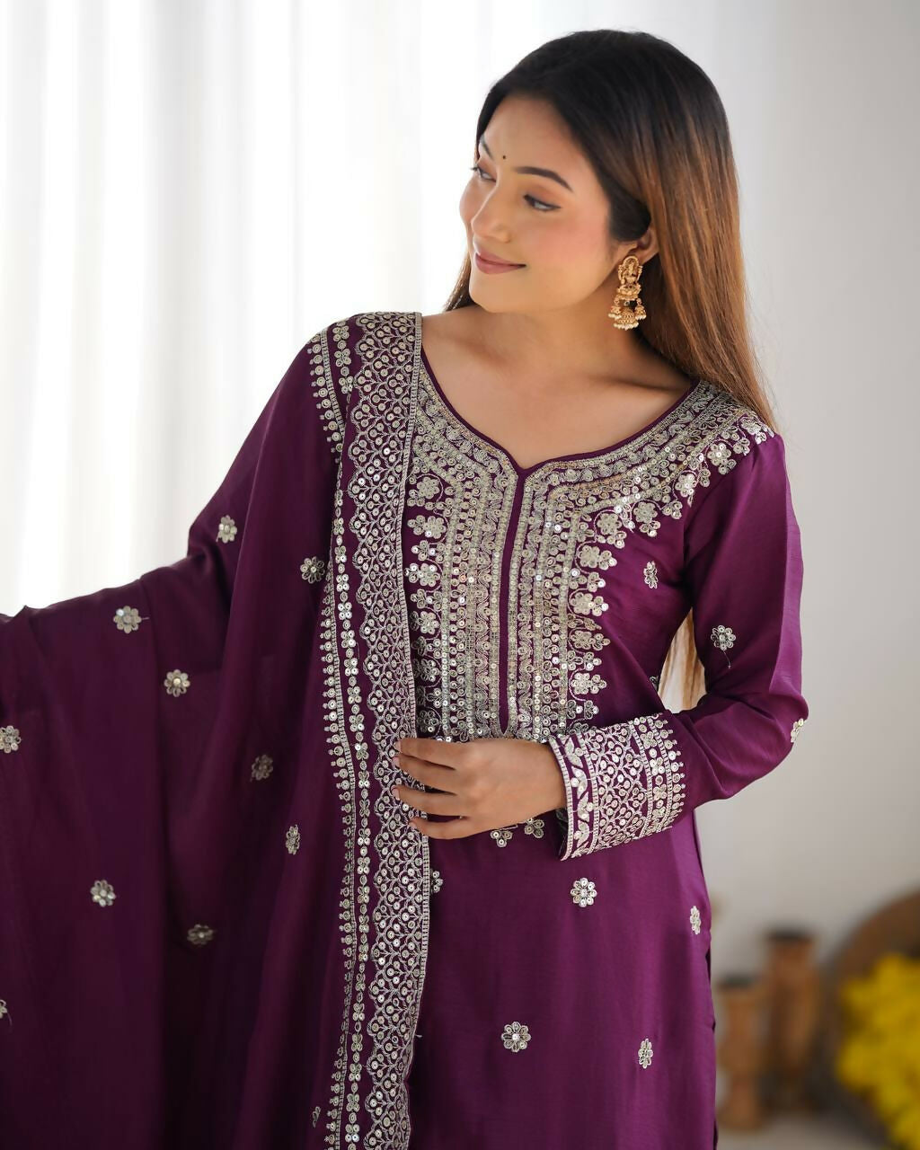 Wine Silk Kurta Set with Sequins, Zari & Thread Embroidery