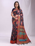 Elegant Navy Blue Linen Cotton Saree with matching blouse piece draped for a classic look
