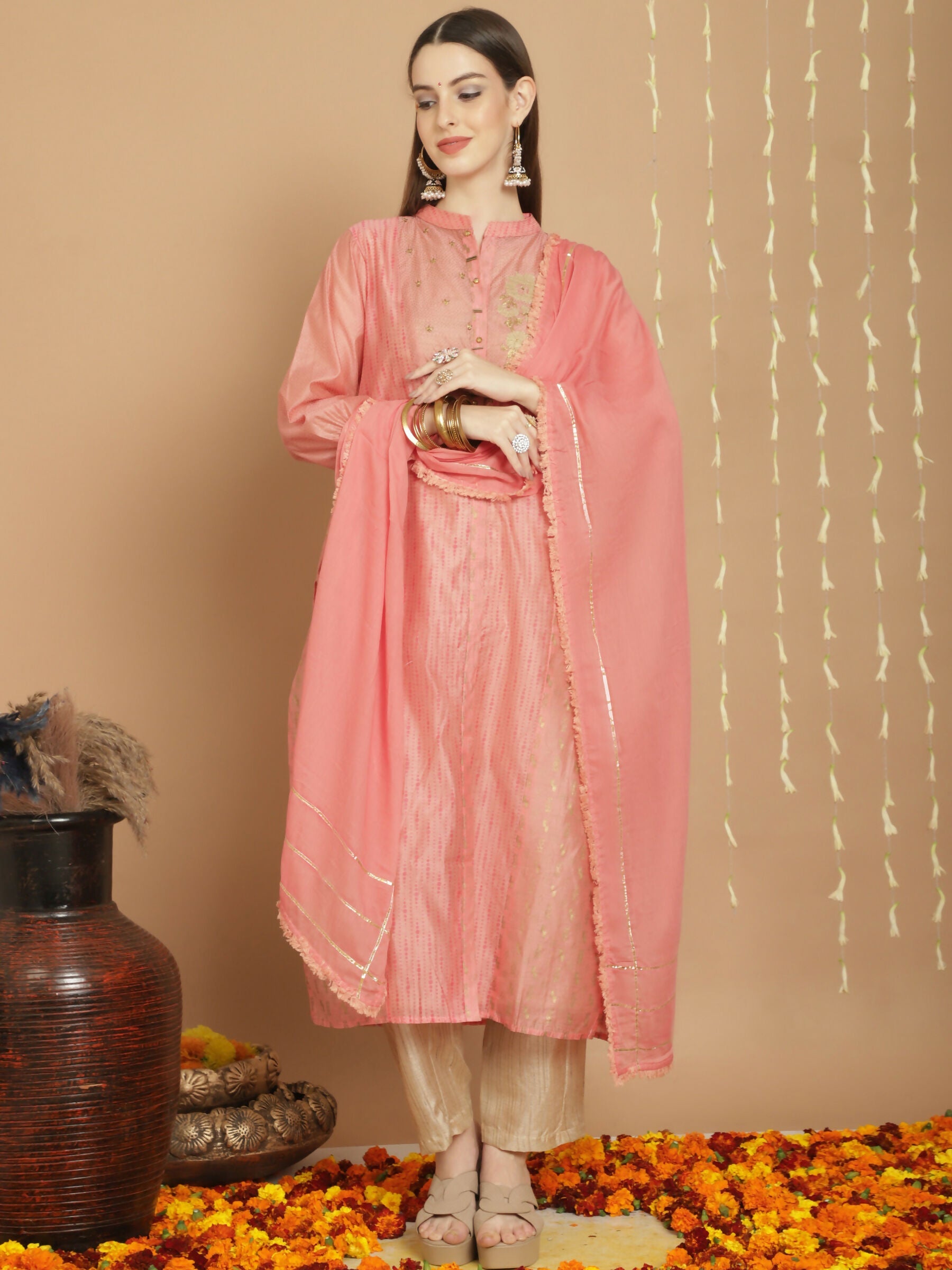 Peach A-line Chanderi silk kurta set with jardoshi detailing and matching dupatta