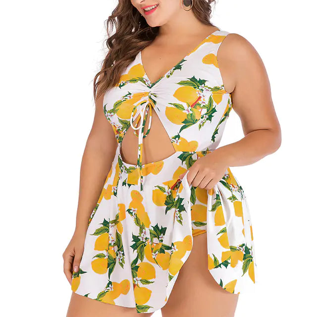 Women's Leaf Print Cutout One-Piece Swimsuit with Skirt Overlay - Image 7