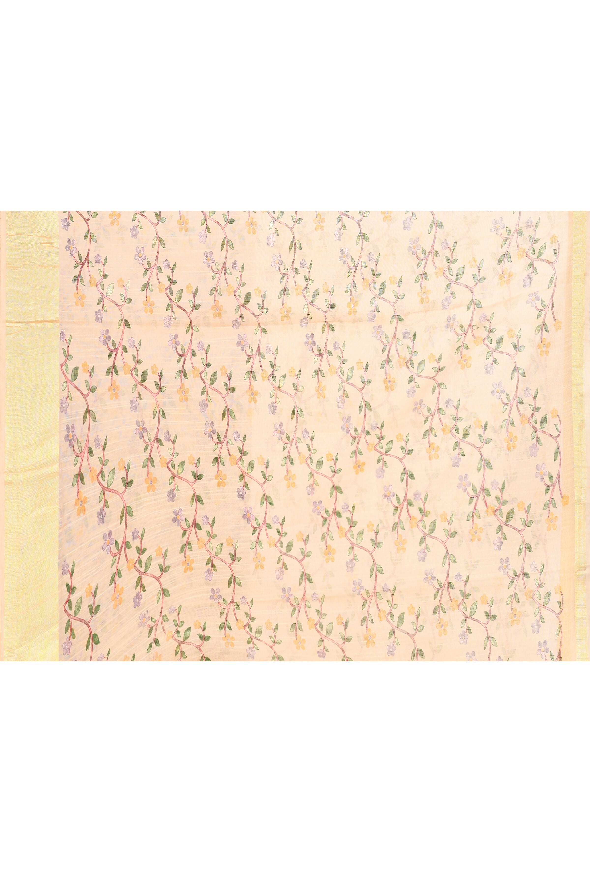 Beige Cotton Blend Printed Saree with Embellished Details