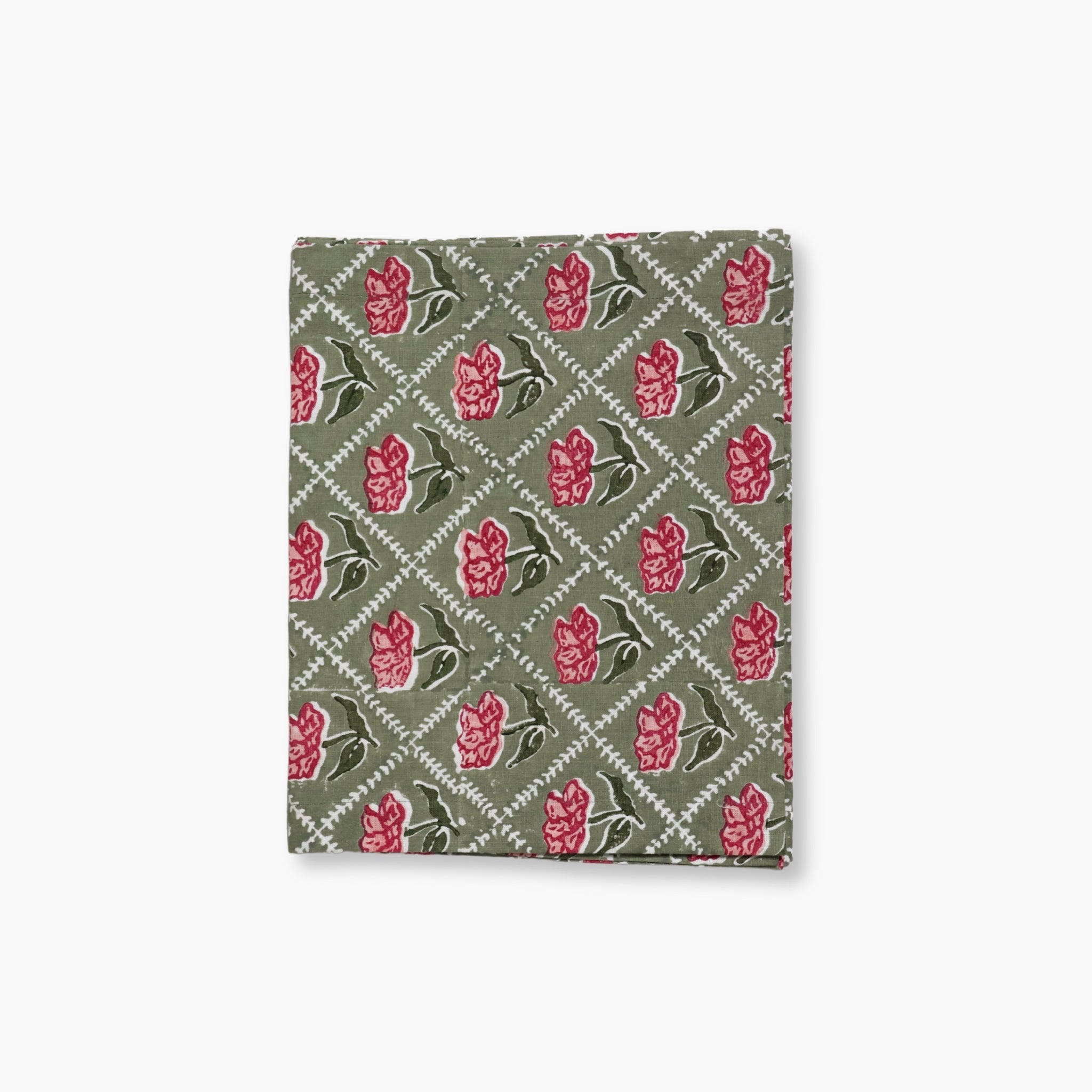 Noor table runner featuring olive and pink hand-block printed rose floral motifs on pure linen fabric
