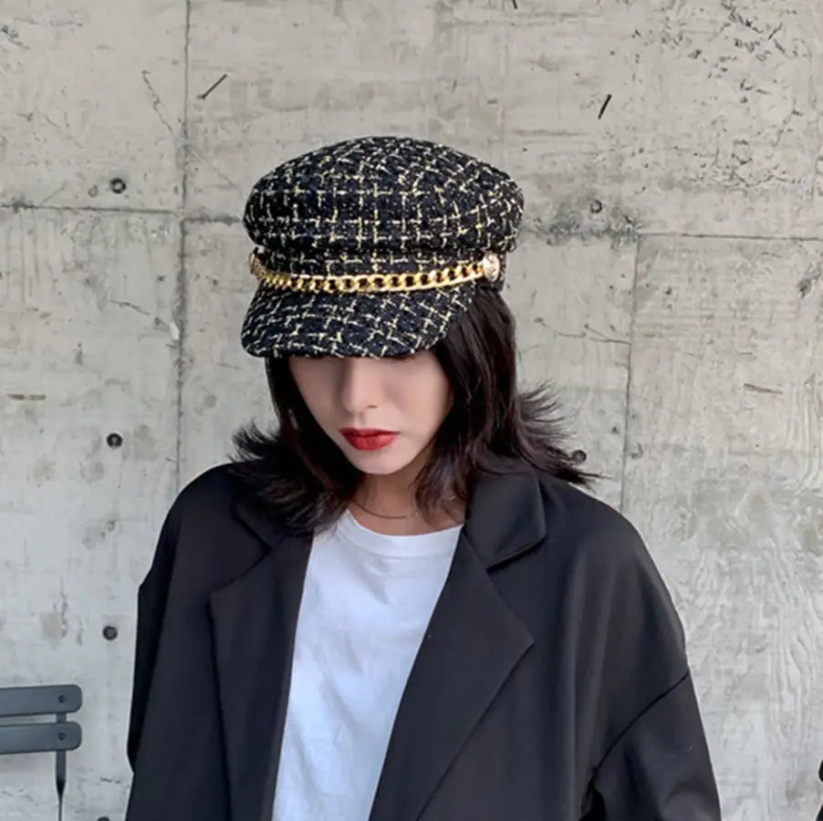 Vintage Navy Tweed Octagonal Hat for Women