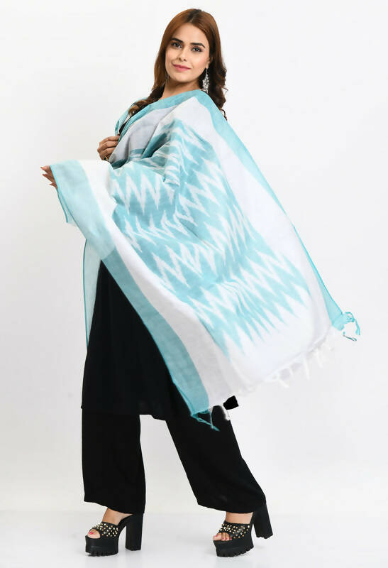 Handloom Cotton Ikkat Sea Green Dupatta for Women