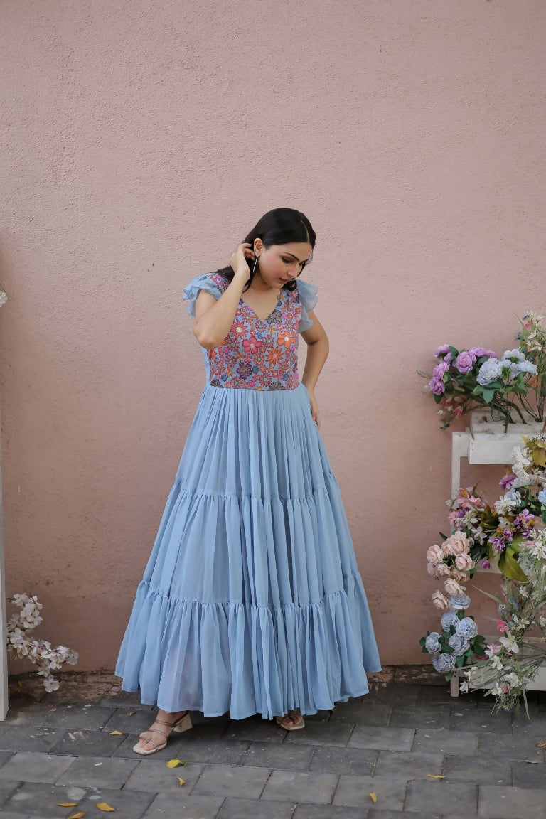 Jyoti Fashion Women's Grey Printed with Sequins Faux Georgette Anarkali Dress