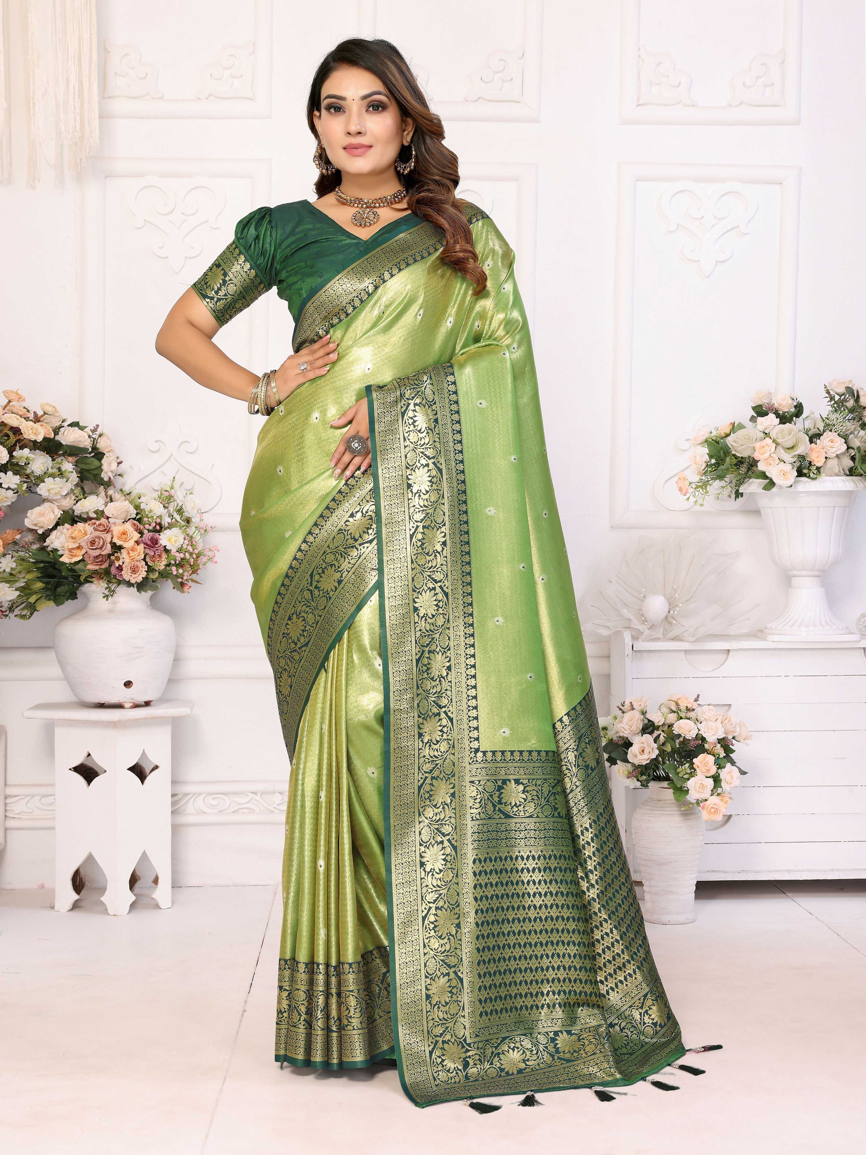 Pista colored tissue silk saree with weaving details