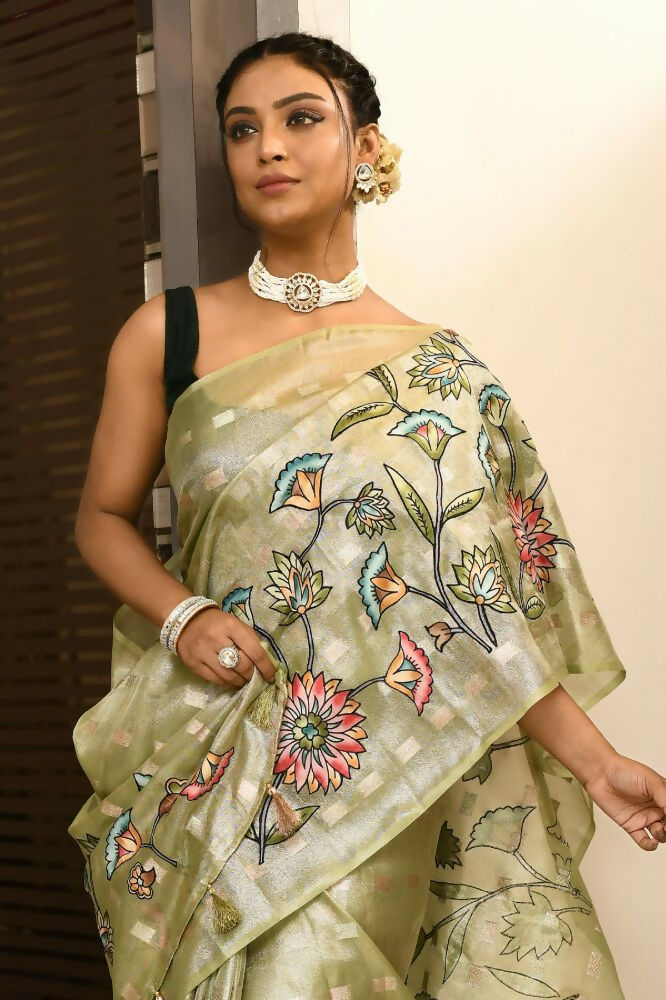 Green Tissue Saree with Zari Buti and Contrast Blouse