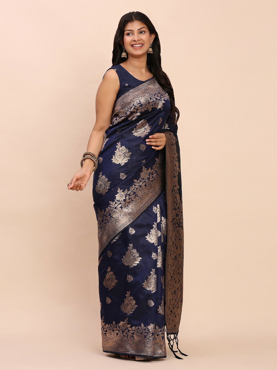 Navy Blue and Gold Banarasi Silk Saree - Traditional Ethnic Wear