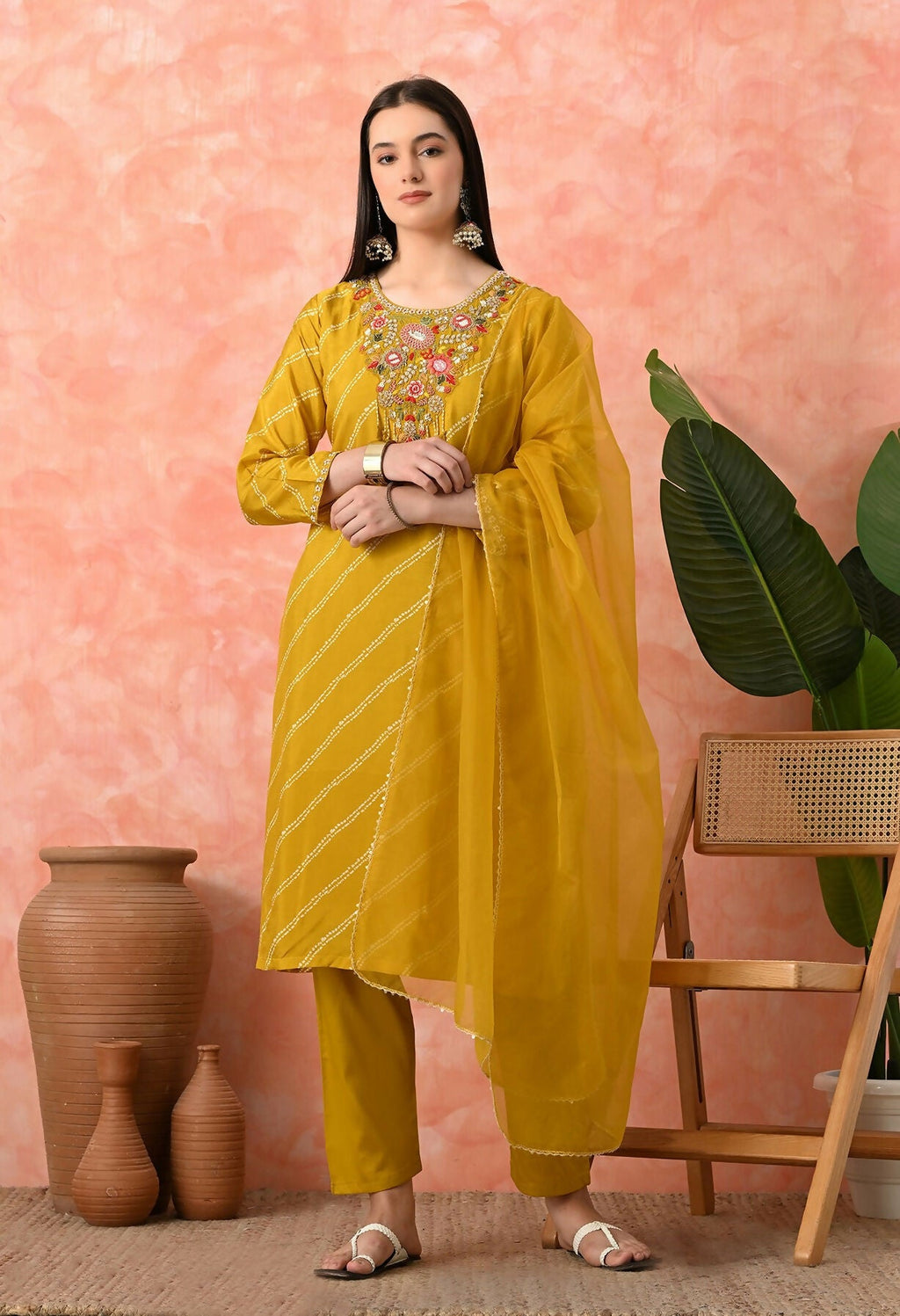 Mustard premium pure viscose Dola silk kurta set with intricate handwork and organza dupatta