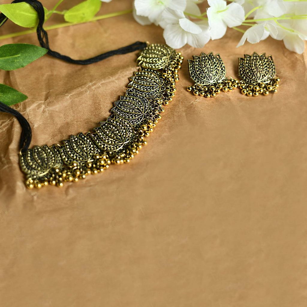 Gold-Polished Brass Lotus Design Choker Statement Necklace