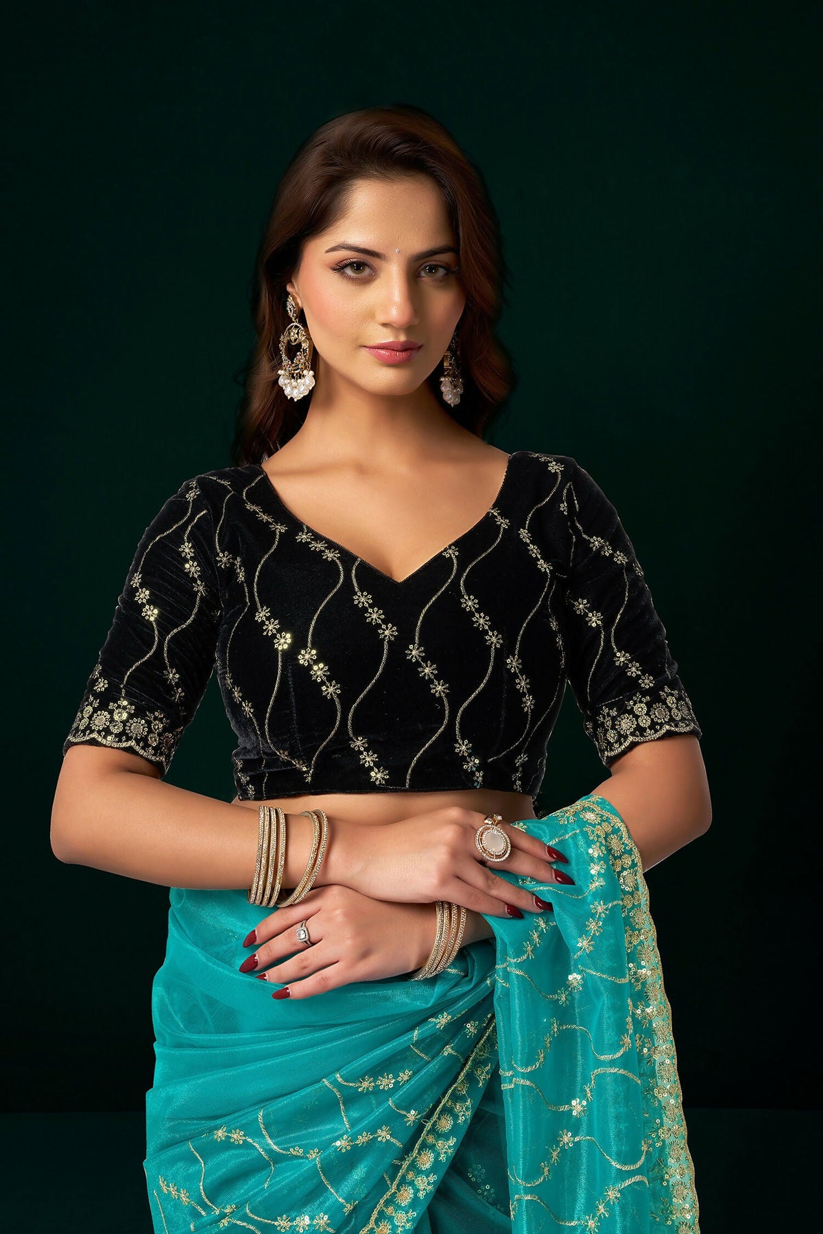 Turquoise Net Party Wear Saree with Black Velvet Blouse
