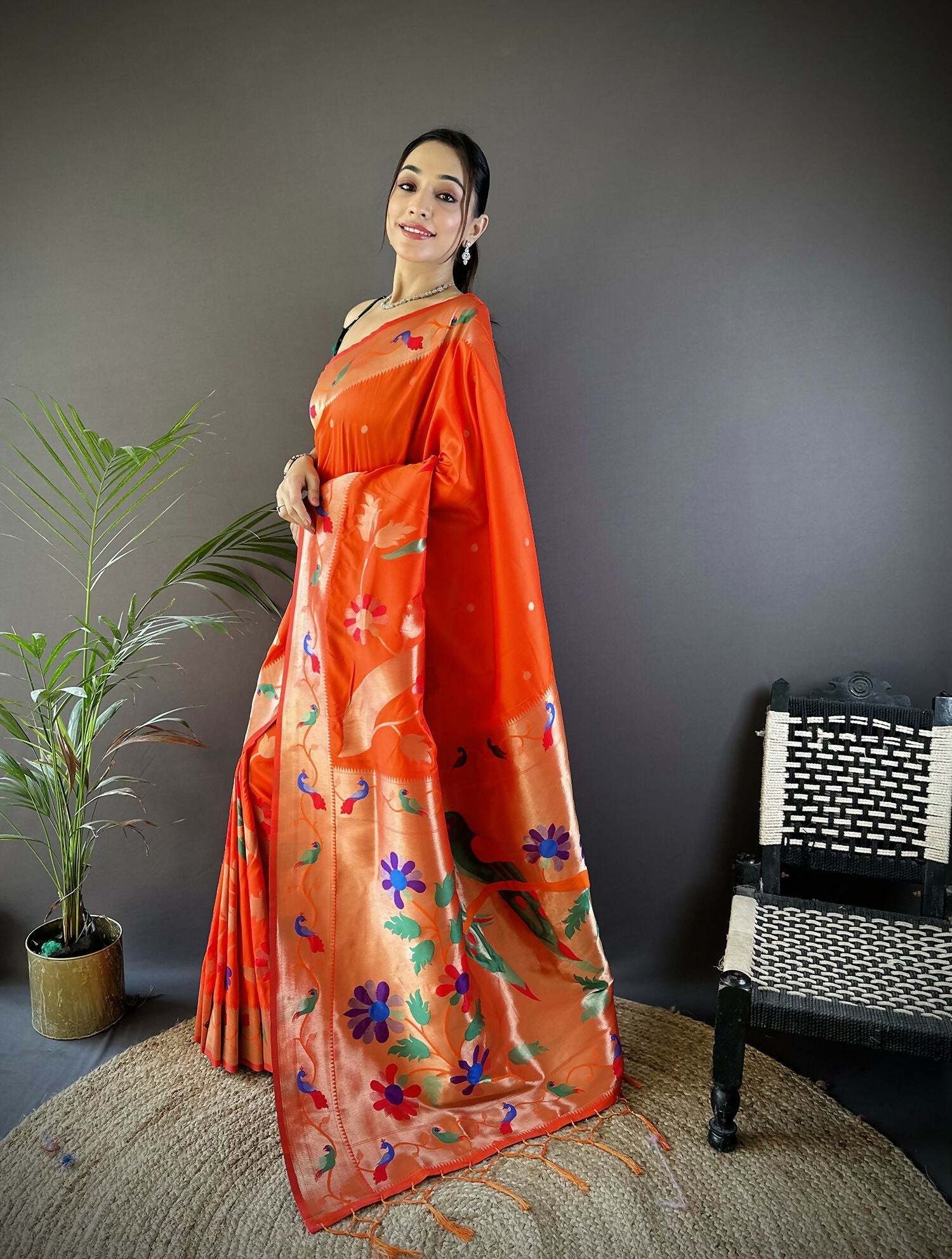 Orange Zari Woven Floral Soft Silk Paithani Saree with Blouse
