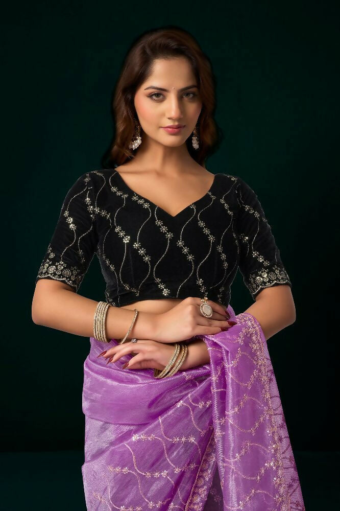 Lavender Net Party Wear Saree with Black Velvet Blouse