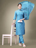 Women wearing a sky blue cotton blend straight kurta set with intricate embroidery and sequence work.